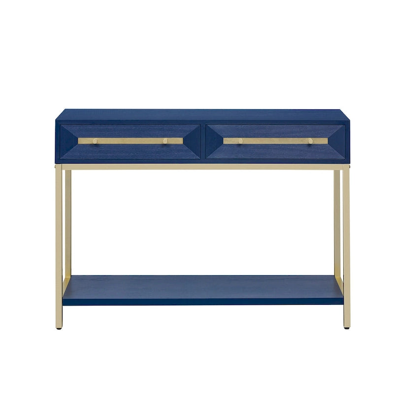 Console Rétro Naturel / Noir / Marine avec Accents Dorés et 2 Tiroirs, Montage par 1 Personne