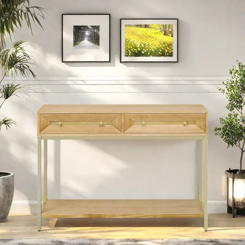 Console Rétro Naturel / Noir / Marine avec Accents Dorés et 2 Tiroirs, Montage par 1 Personne