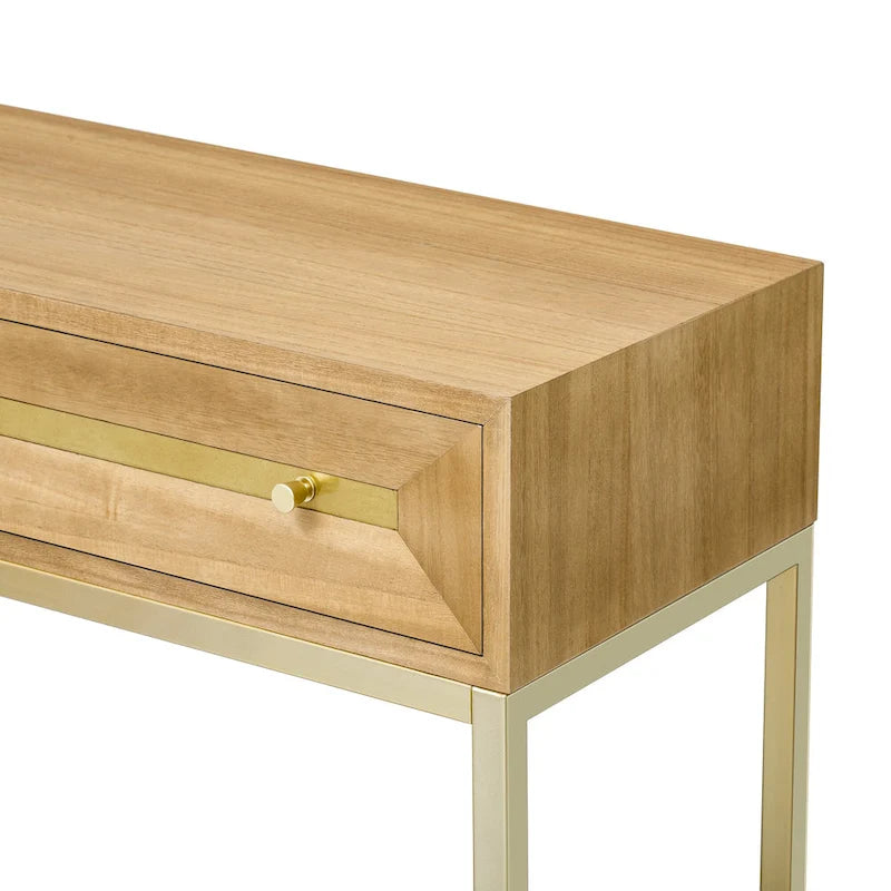 Console Rétro Naturel / Noir / Marine avec Accents Dorés et 2 Tiroirs, Montage par 1 Personne