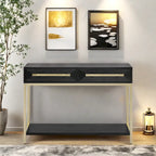 Console Rétro Naturel / Noir / Marine avec Accents Dorés et 2 Tiroirs, Montage par 1 Personne