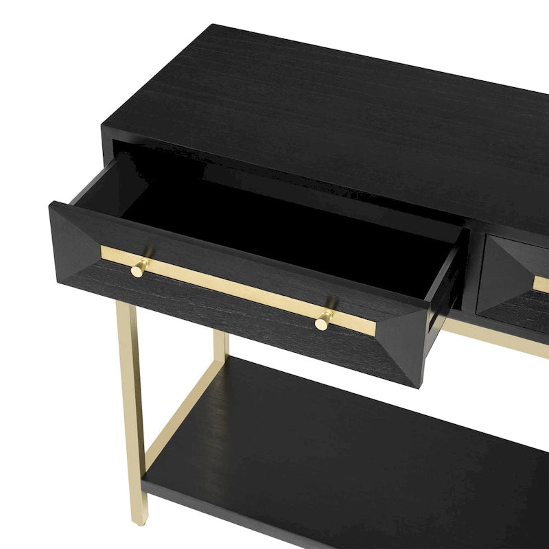 Console Rétro Naturel / Noir / Marine avec Accents Dorés et 2 Tiroirs, Montage par 1 Personne