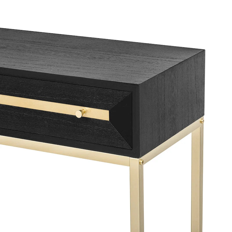 Console Rétro Naturel / Noir / Marine avec Accents Dorés et 2 Tiroirs, Montage par 1 Personne