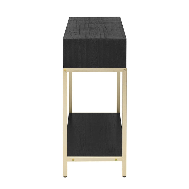Console Rétro Naturel / Noir / Marine avec Accents Dorés et 2 Tiroirs, Montage par 1 Personne