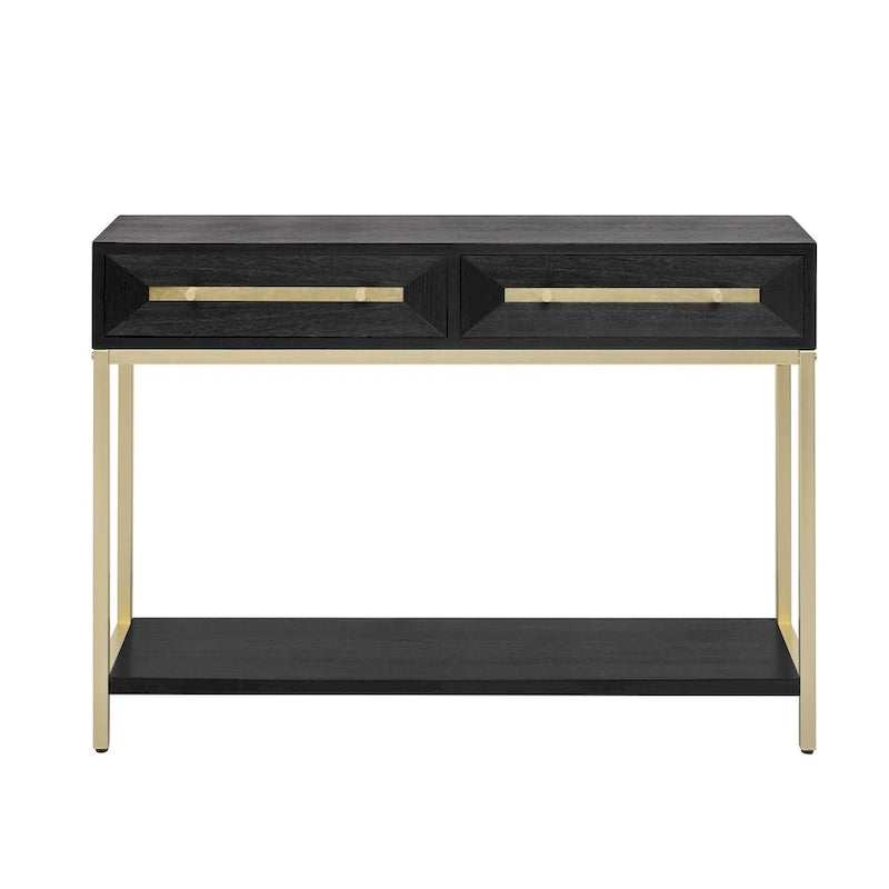 Console Rétro Naturel / Noir / Marine avec Accents Dorés et 2 Tiroirs, Montage par 1 Personne