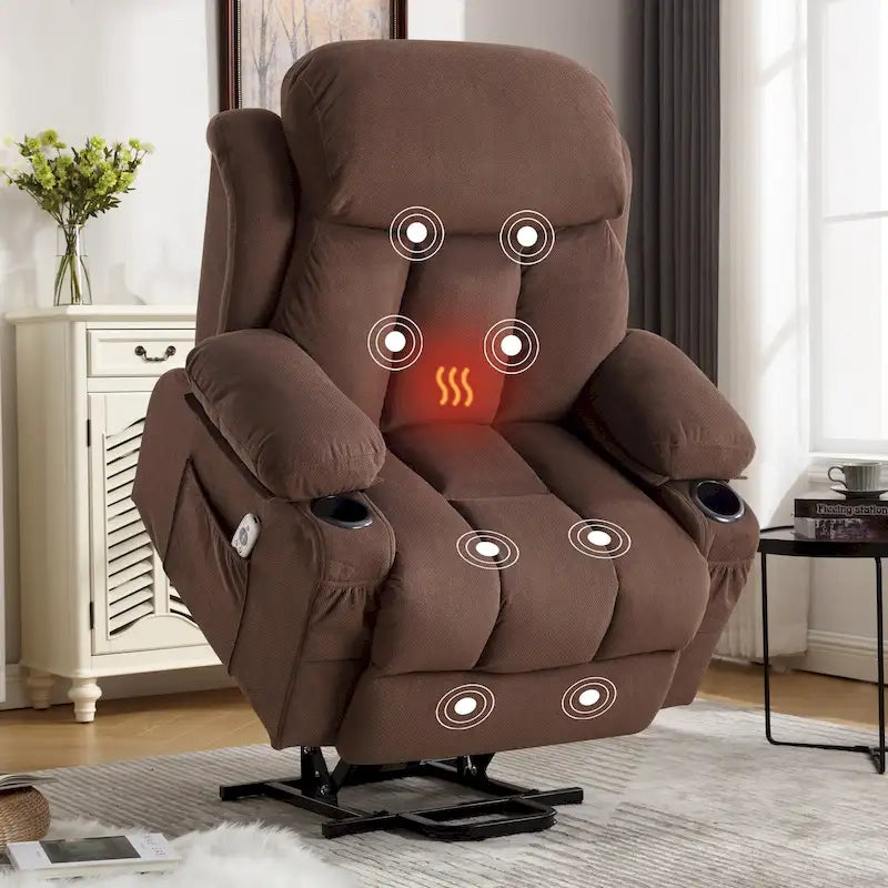 Fauteuil inclinable releveur électrique marron/gris avec massage, chauffage, port USB et poches latérales, 1 place