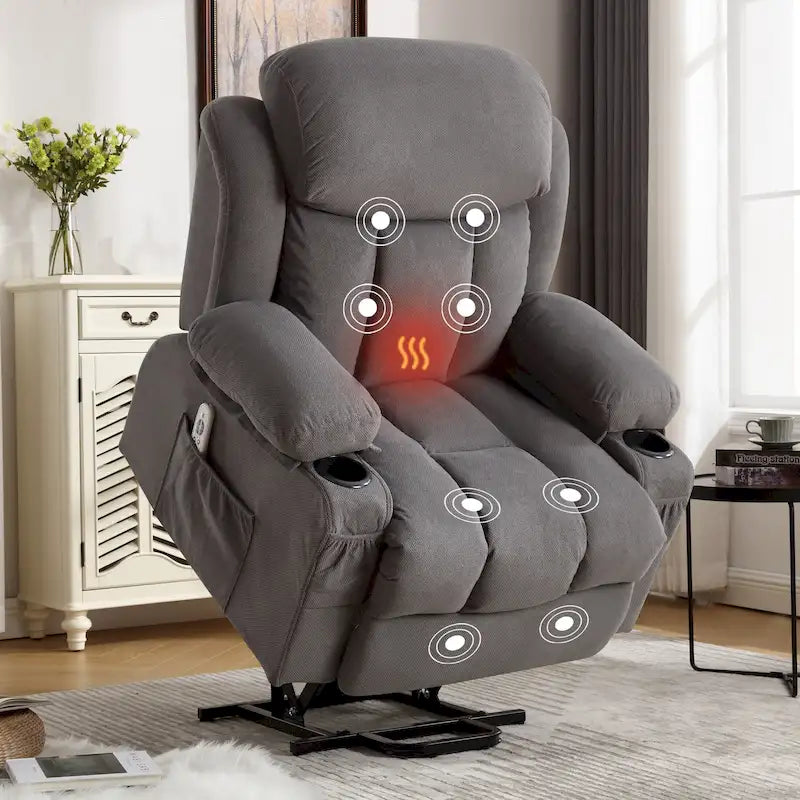 Fauteuil inclinable releveur électrique marron/gris avec massage, chauffage, port USB et poches latérales, 1 place
