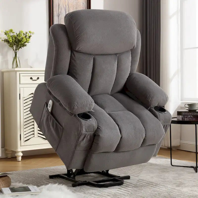 Fauteuil inclinable releveur électrique marron/gris avec massage, chauffage, port USB et poches latérales, 1 place