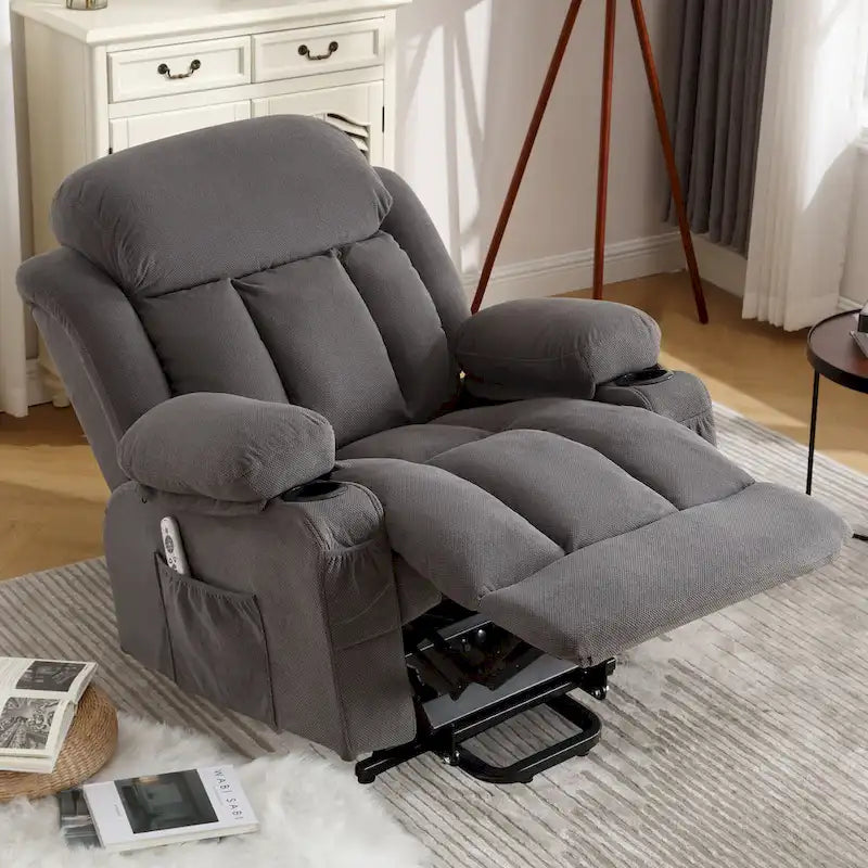 Fauteuil inclinable releveur électrique marron/gris avec massage, chauffage, port USB et poches latérales, 1 place