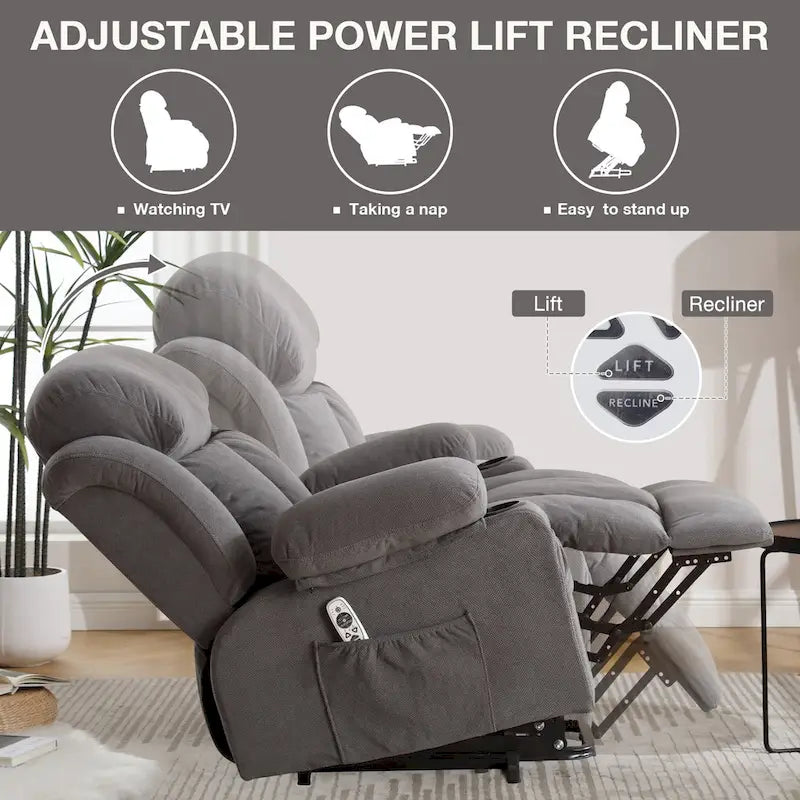 Fauteuil inclinable releveur électrique marron/gris avec massage, chauffage, port USB et poches latérales, 1 place