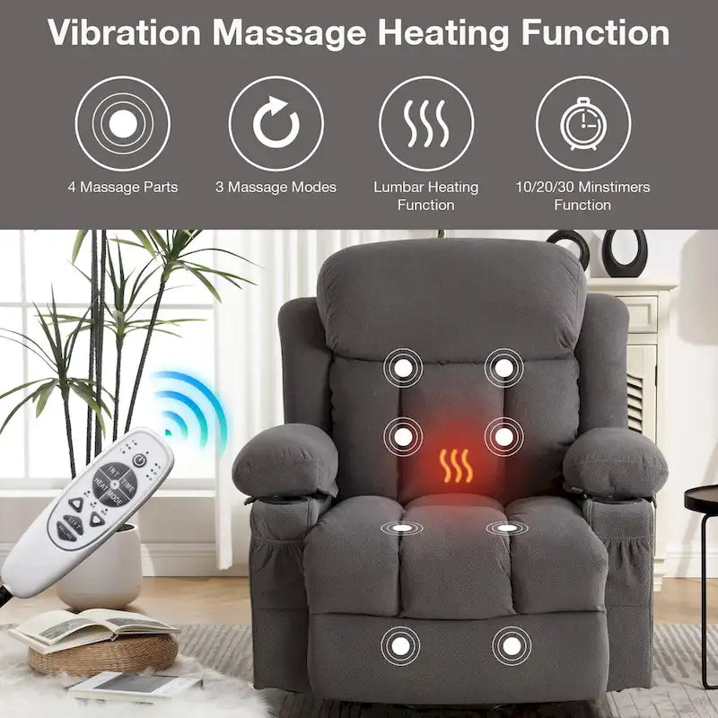 Fauteuil inclinable releveur électrique marron/gris avec massage, chauffage, port USB et poches latérales, 1 place