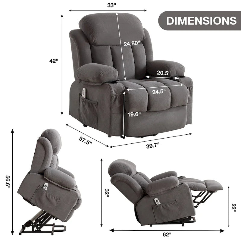 Fauteuil inclinable releveur électrique marron/gris avec massage, chauffage, port USB et poches latérales, 1 place