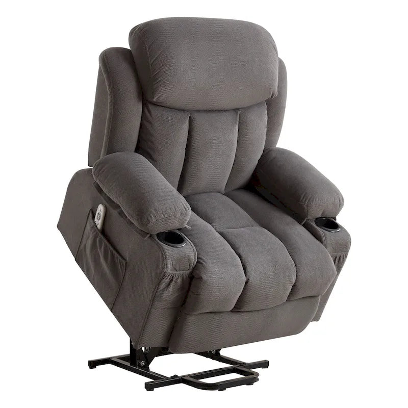 Fauteuil inclinable releveur électrique marron/gris avec massage, chauffage, port USB et poches latérales, 1 place