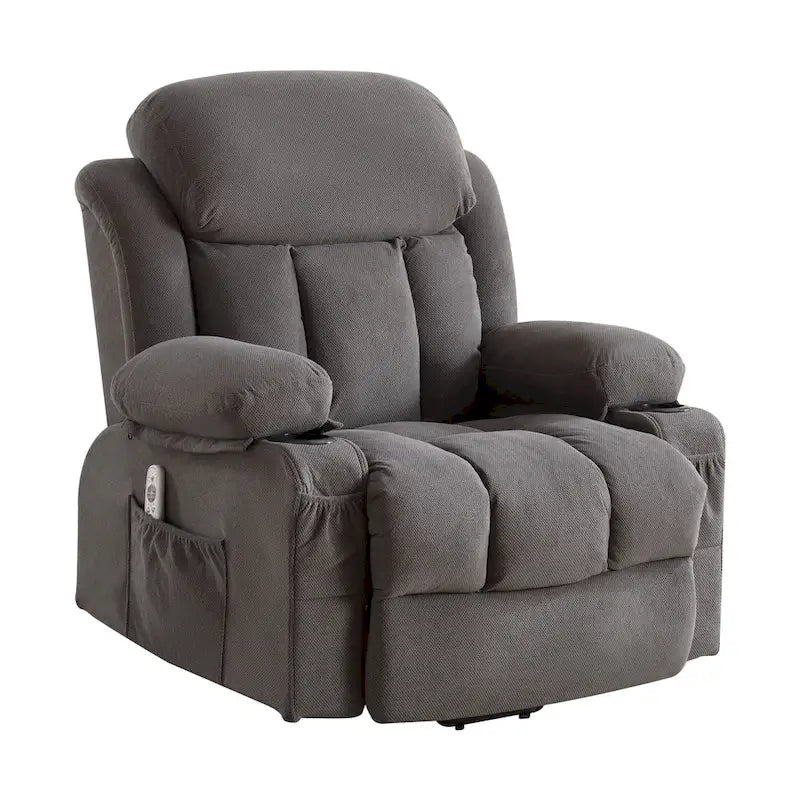 Fauteuil inclinable releveur électrique marron/gris avec massage, chauffage, port USB et poches latérales, 1 place