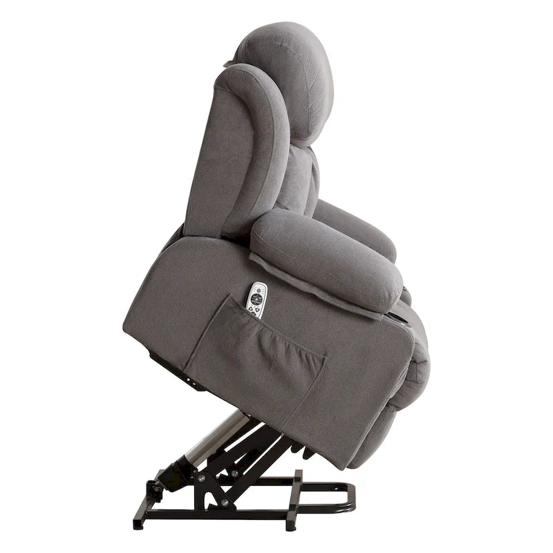 Fauteuil inclinable releveur électrique marron/gris avec massage, chauffage, port USB et poches latérales, 1 place