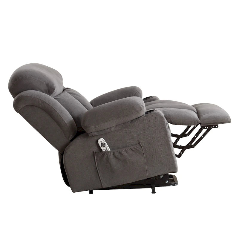 Fauteuil inclinable releveur électrique marron/gris avec massage, chauffage, port USB et poches latérales, 1 place