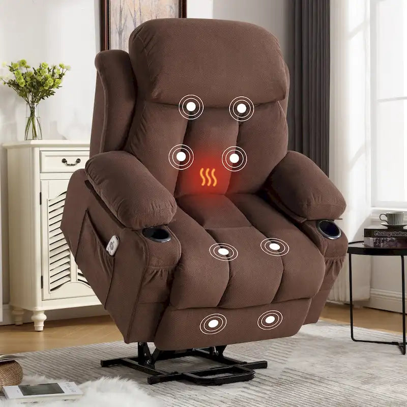 Fauteuil inclinable releveur électrique marron/gris avec massage, chauffage, port USB et poches latérales, 1 place