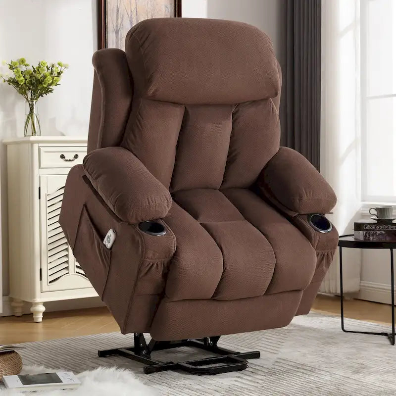 Fauteuil inclinable releveur électrique marron/gris avec massage, chauffage, port USB et poches latérales, 1 place