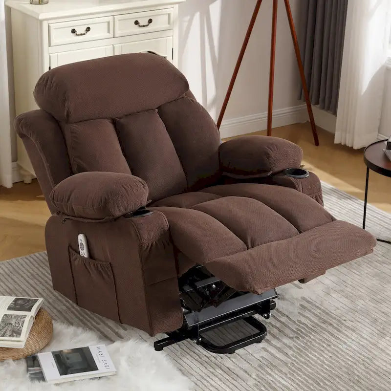 Fauteuil inclinable releveur électrique marron/gris avec massage, chauffage, port USB et poches latérales, 1 place