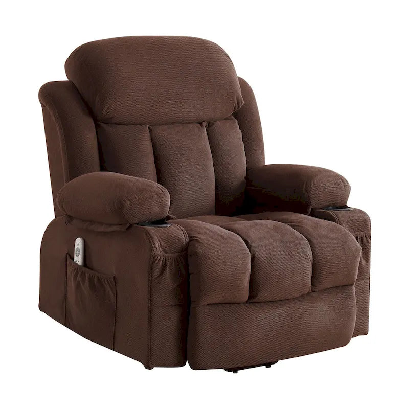 Fauteuil inclinable releveur électrique marron/gris avec massage, chauffage, port USB et poches latérales, 1 place