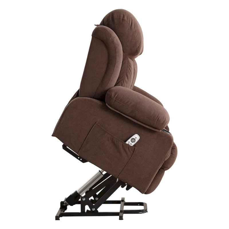 Fauteuil inclinable releveur électrique marron/gris avec massage, chauffage, port USB et poches latérales, 1 place