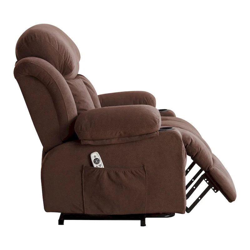 Fauteuil inclinable releveur électrique marron/gris avec massage, chauffage, port USB et poches latérales, 1 place
