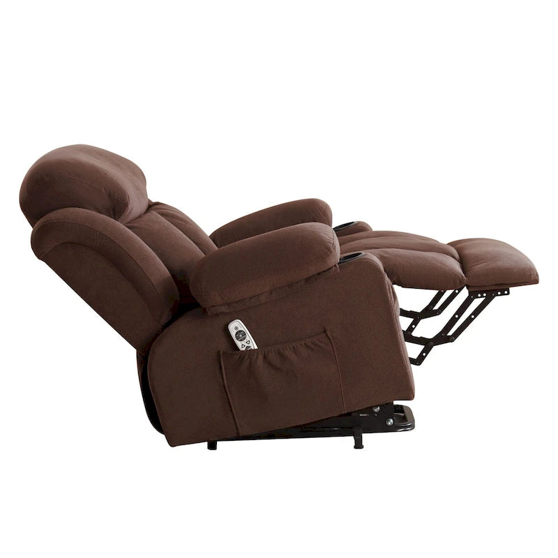 Fauteuil inclinable releveur électrique marron/gris avec massage, chauffage, port USB et poches latérales, 1 place