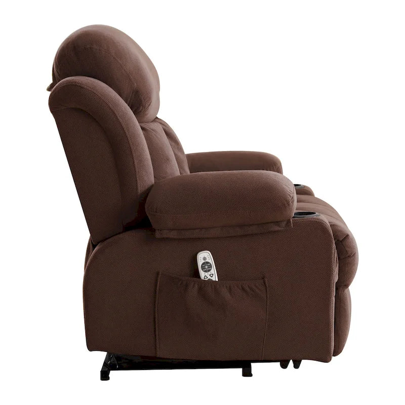 Fauteuil inclinable releveur électrique marron/gris avec massage, chauffage, port USB et poches latérales, 1 place