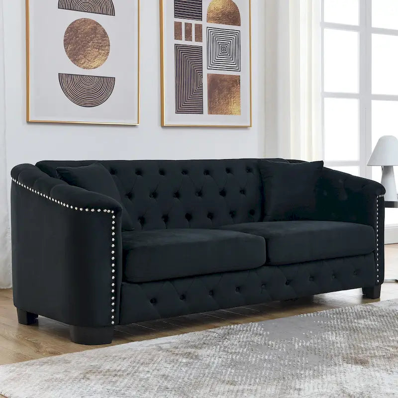 Canapé Chesterfield en velours beige / gris / noir avec capitonnage et garniture cloutée, 3 places