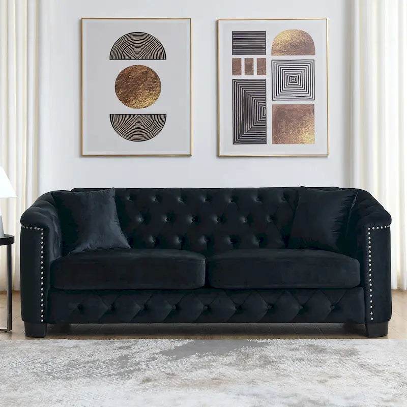 Canapé Chesterfield en velours beige / gris / noir avec capitonnage et garniture cloutée, 3 places