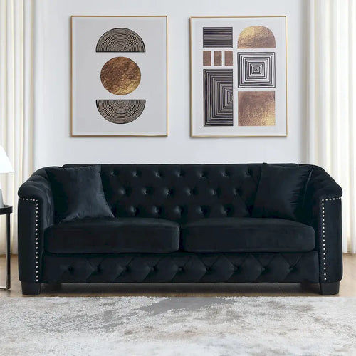 Canapé Chesterfield en velours beige / gris / noir avec capitonnage et garniture cloutée, 3 places