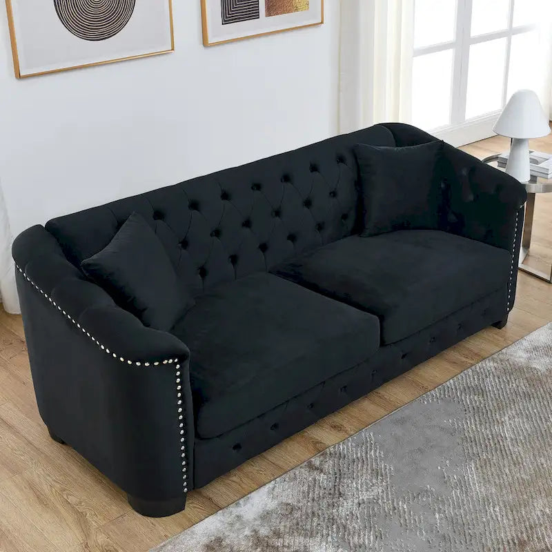 Canapé Chesterfield en velours beige / gris / noir avec capitonnage et garniture cloutée, 3 places