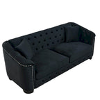 Canapé Chesterfield en velours beige / gris / noir avec capitonnage et garniture cloutée, 3 places