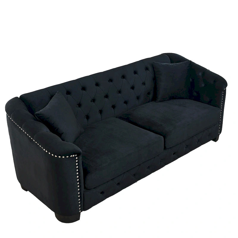 Canapé Chesterfield en velours beige / gris / noir avec capitonnage et garniture cloutée, 3 places