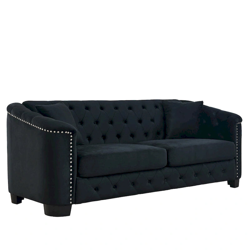 Canapé Chesterfield en velours beige / gris / noir avec capitonnage et garniture cloutée, 3 places