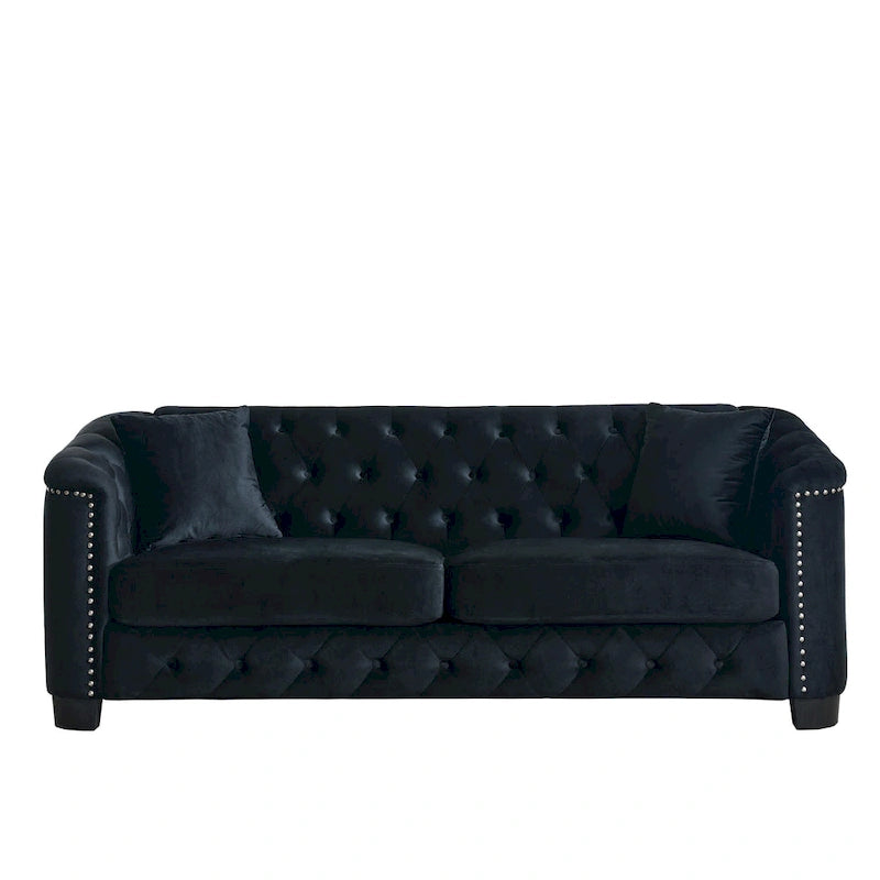 Canapé Chesterfield en velours beige / gris / noir avec capitonnage et garniture cloutée, 3 places