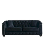 Canapé Chesterfield en velours beige / gris / noir avec capitonnage et garniture cloutée, 3 places