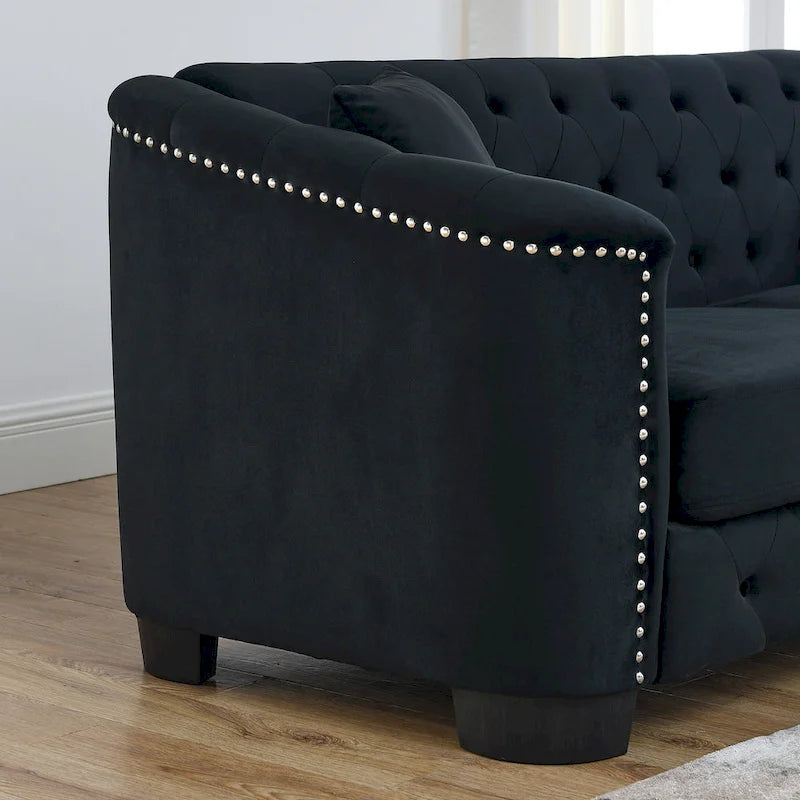 Canapé Chesterfield en velours beige / gris / noir avec capitonnage et garniture cloutée, 3 places