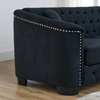 Canapé Chesterfield en velours beige / gris / noir avec capitonnage et garniture cloutée, 3 places