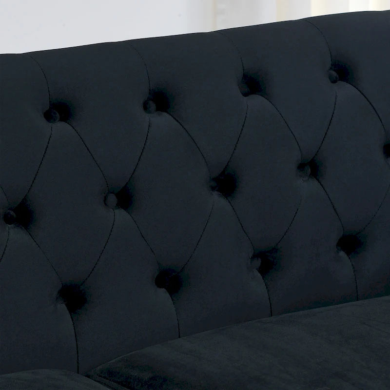 Canapé Chesterfield en velours beige / gris / noir avec capitonnage et garniture cloutée, 3 places