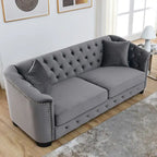 Canapé Chesterfield en velours beige / gris / noir avec capitonnage et garniture cloutée, 3 places