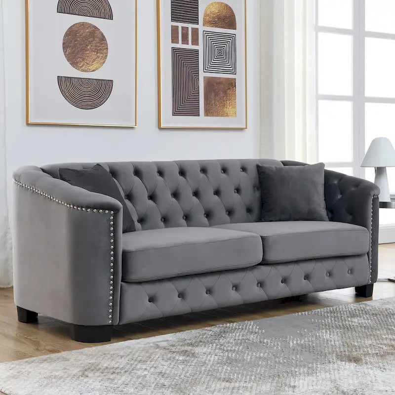 Canapé Chesterfield en velours beige / gris / noir avec capitonnage et garniture cloutée, 3 places