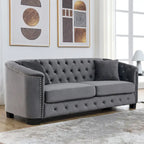 Canapé Chesterfield en velours beige / gris / noir avec capitonnage et garniture cloutée, 3 places