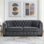 Canapé Chesterfield en velours beige / gris / noir avec capitonnage et garniture cloutée, 3 places