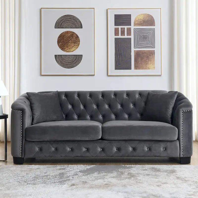 Canapé Chesterfield en velours beige / gris / noir avec capitonnage et garniture cloutée, 3 places