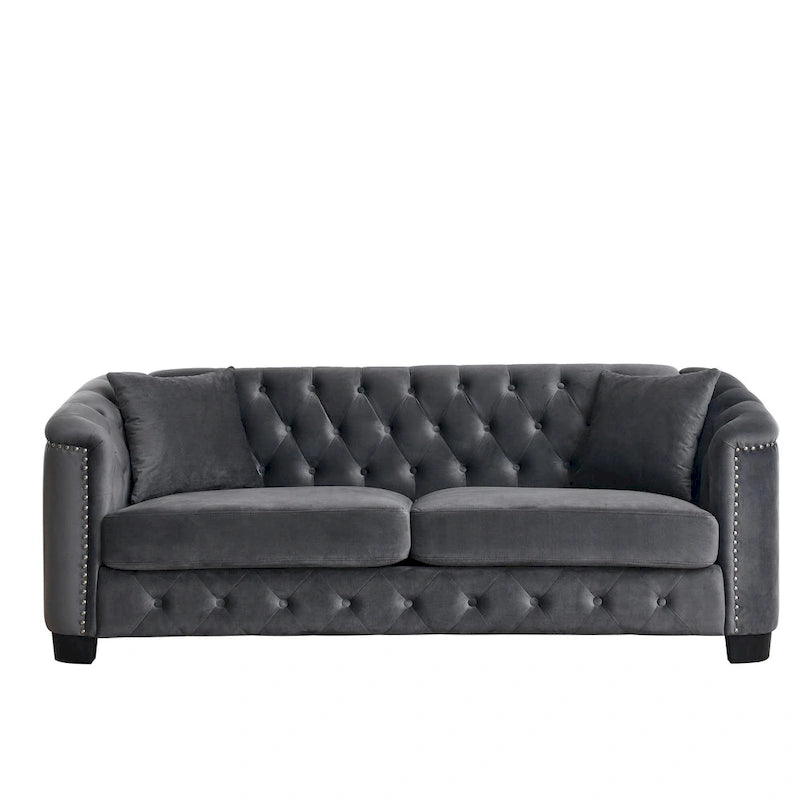 Canapé Chesterfield en velours beige / gris / noir avec capitonnage et garniture cloutée, 3 places