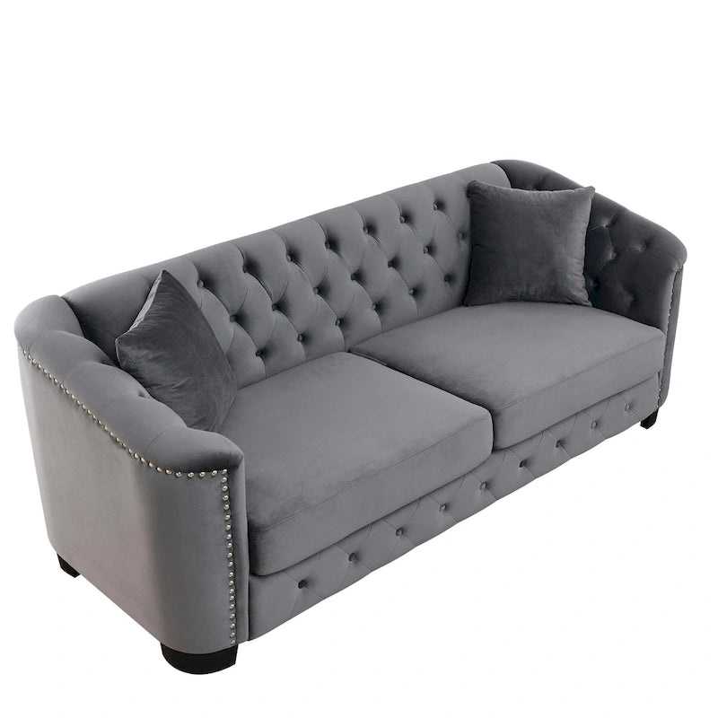 Canapé Chesterfield en velours beige / gris / noir avec capitonnage et garniture cloutée, 3 places
