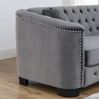 Canapé Chesterfield en velours beige / gris / noir avec capitonnage et garniture cloutée, 3 places