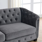Canapé Chesterfield en velours beige / gris / noir avec capitonnage et garniture cloutée, 3 places