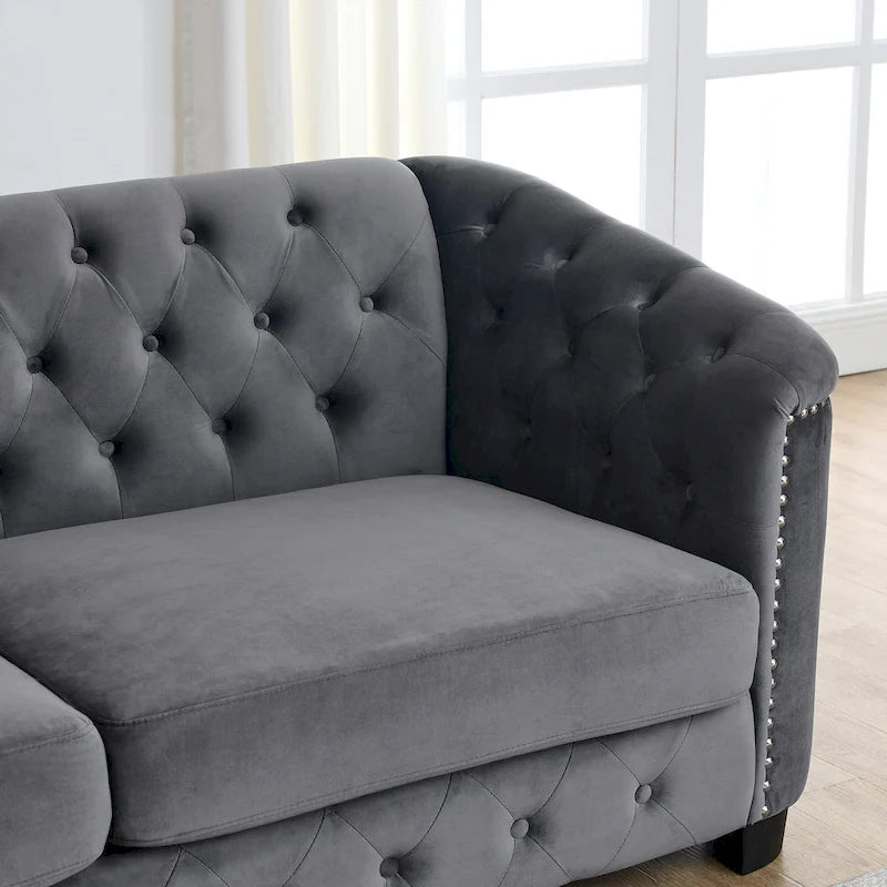 Canapé Chesterfield en velours beige / gris / noir avec capitonnage et garniture cloutée, 3 places