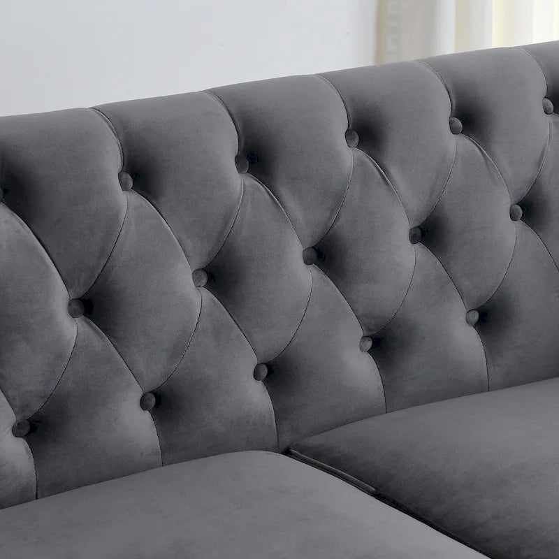 Canapé Chesterfield en velours beige / gris / noir avec capitonnage et garniture cloutée, 3 places